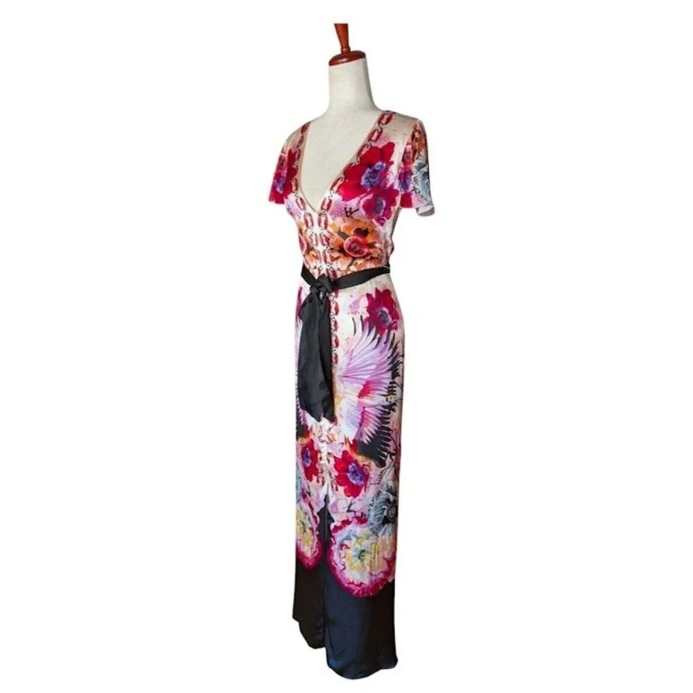 Temperley London Giselle V-Neck Maxi Dress Silk Satin Hibiscus Mix UK8 US4 NEW - Picture 2 of 10